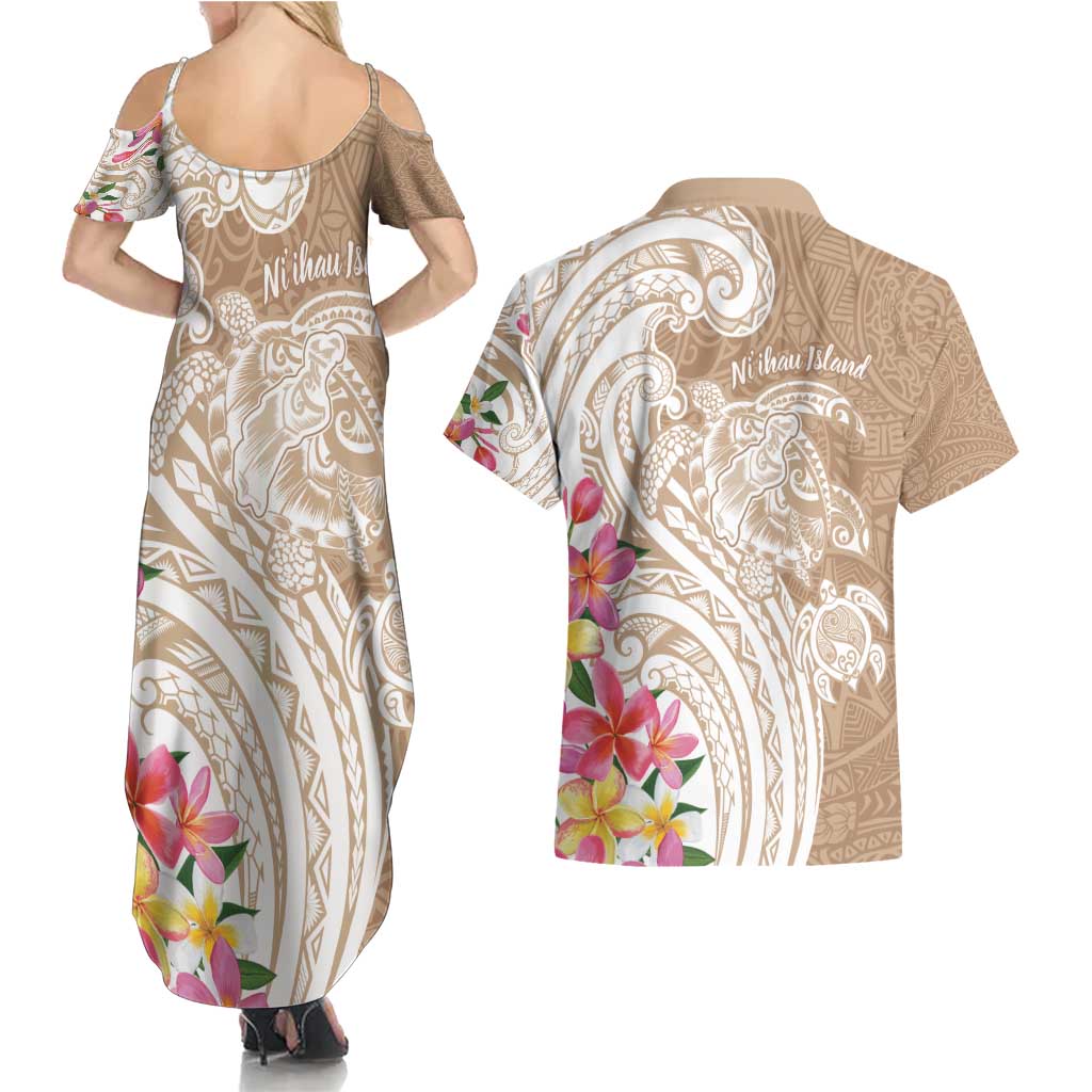 Aloha Niihau Island Personalized Couples Matching Summer Maxi Dress and Hawaiian Shirt Beige Dreamy Turtle LT7 - Polynesian Pride