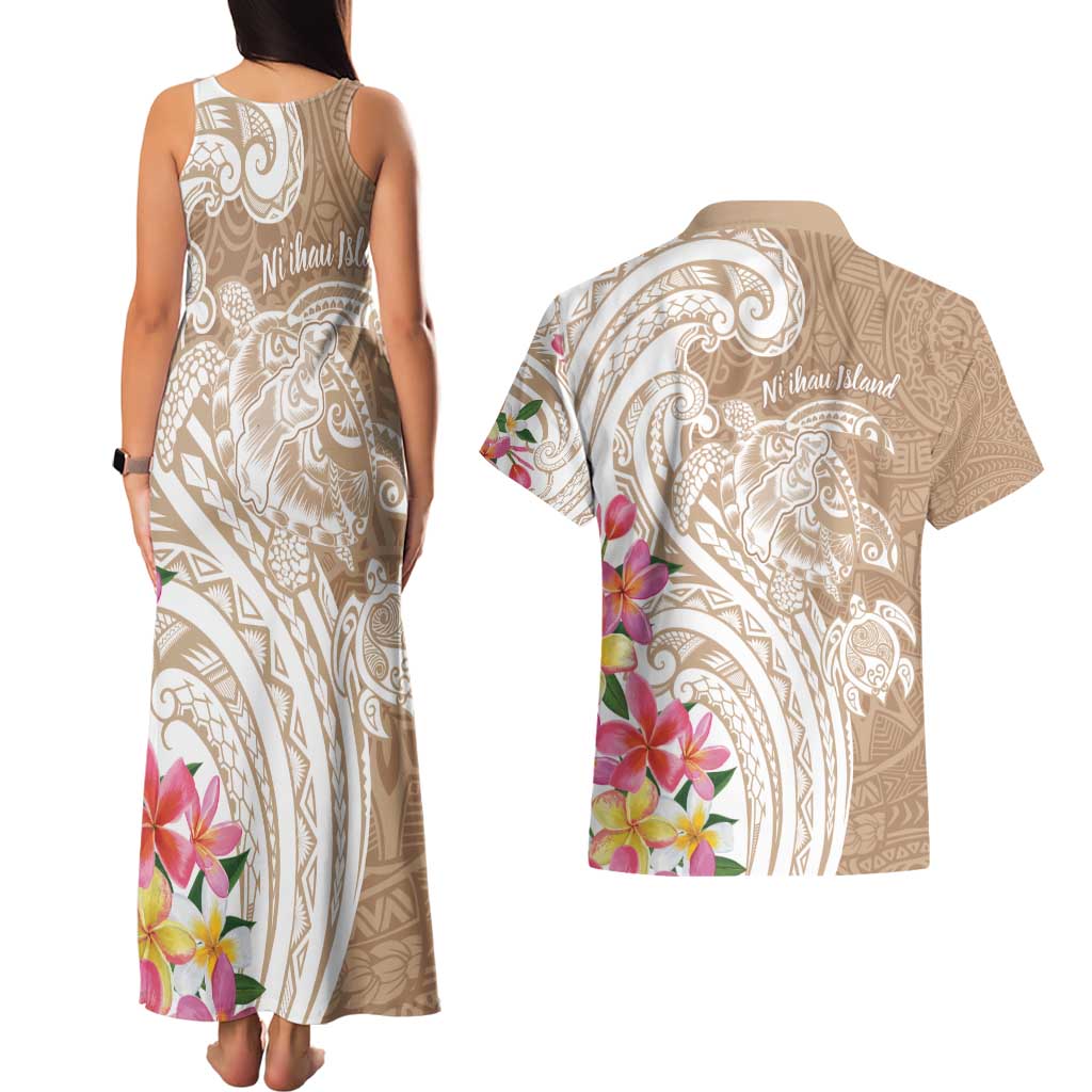 Aloha Niihau Island Personalized Couples Matching Tank Maxi Dress and Hawaiian Shirt Beige Dreamy Turtle LT7 - Polynesian Pride