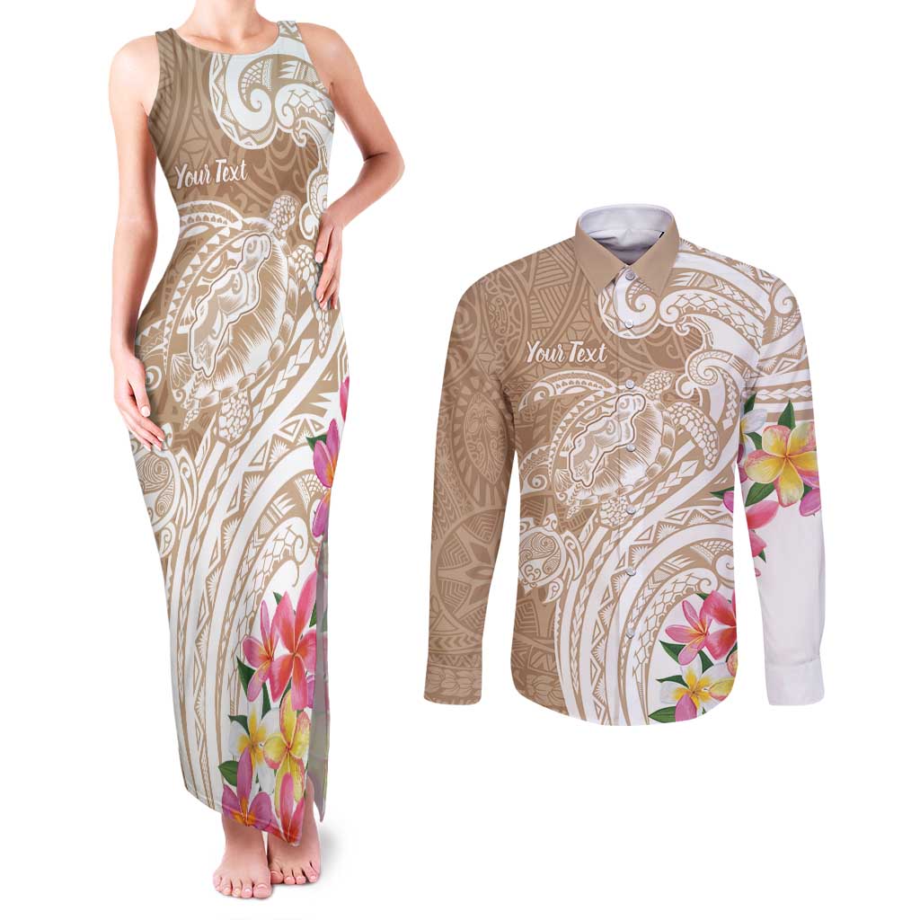 Aloha Ni’ihau Island Personalized Couples Matching Tank Maxi Dress and Long Sleeve Button Shirt Beige Dreamy Turtle