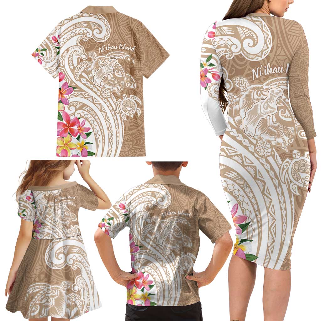 Aloha Niihau Island Personalized Family Matching Long Sleeve Bodycon Dress and Hawaiian Shirt Beige Dreamy Turtle LT7 - Polynesian Pride