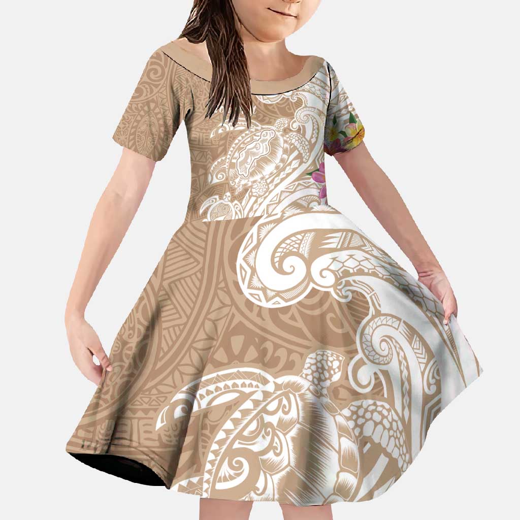 Aloha Niihau Island Personalized Family Matching Mermaid Dress and Hawaiian Shirt Beige Dreamy Turtle LT7 Daughter's Dress Beige - Polynesian Pride