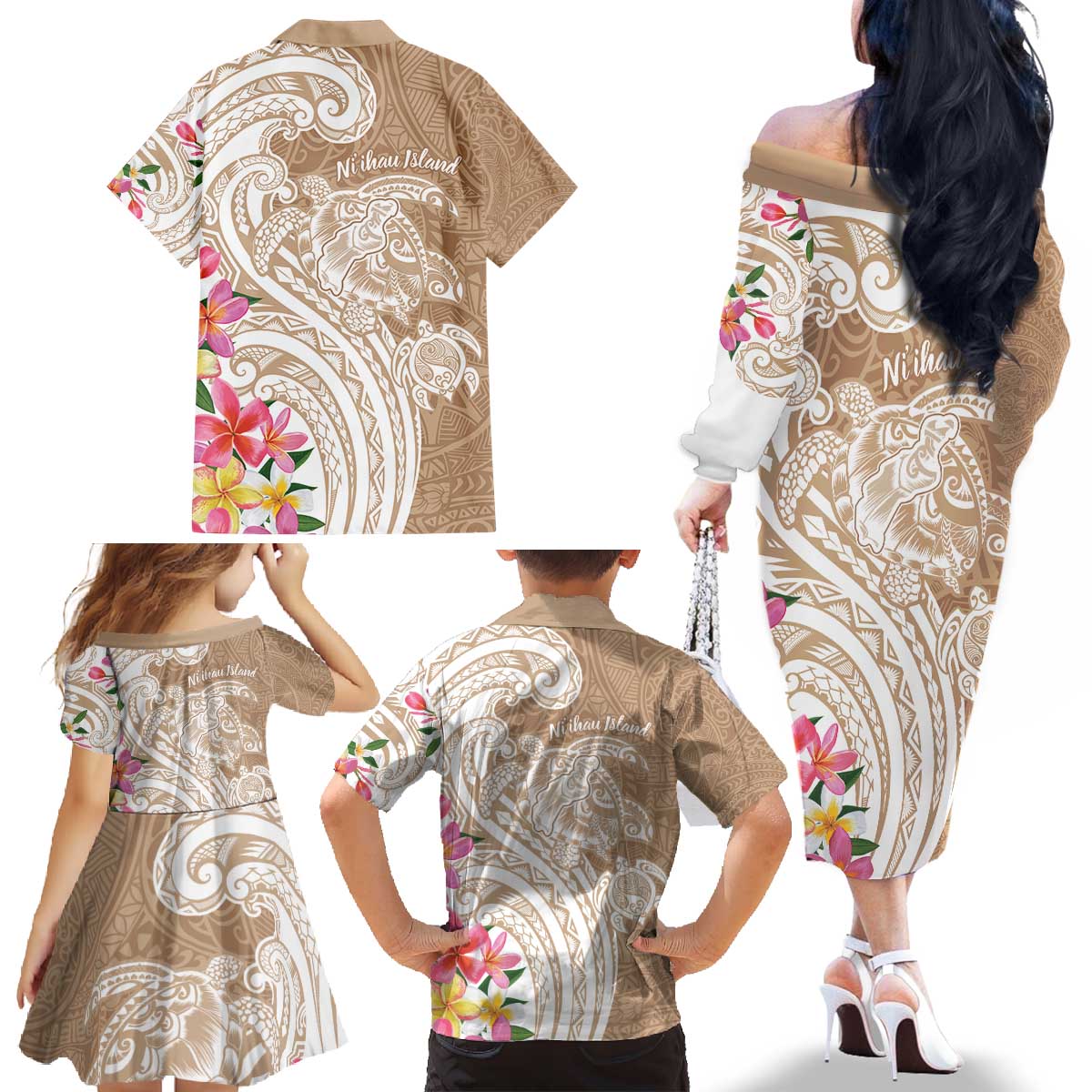 Aloha Niihau Island Personalized Family Matching Off The Shoulder Long Sleeve Dress and Hawaiian Shirt Beige Dreamy Turtle LT7 - Polynesian Pride
