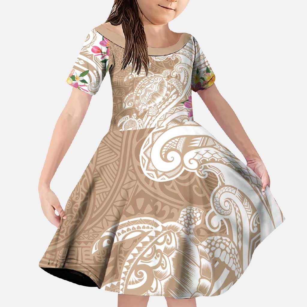 Aloha Niihau Island Personalized Family Matching Off Shoulder Maxi Dress and Hawaiian Shirt Beige Dreamy Turtle LT7 Daughter's Dress Beige - Polynesian Pride