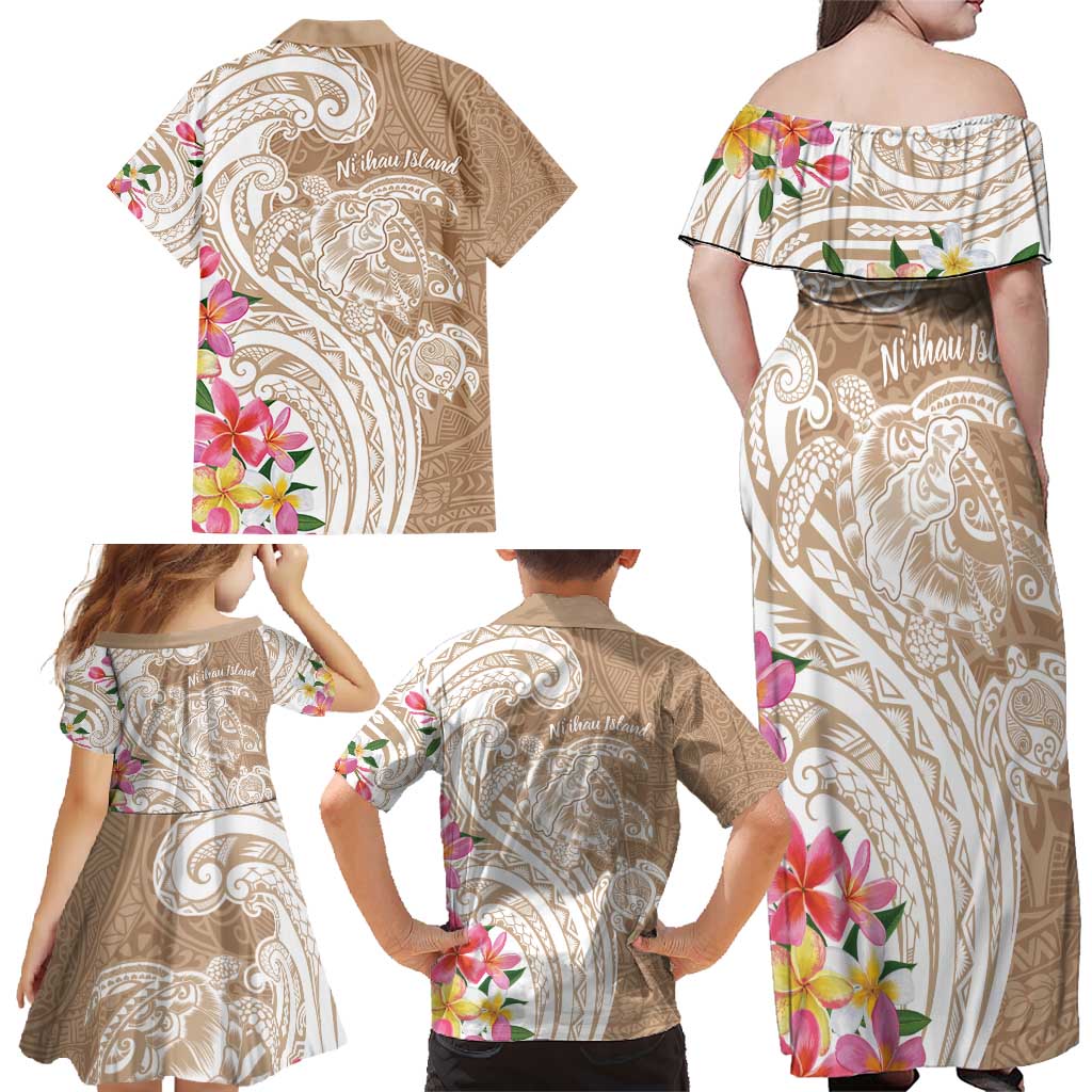 Aloha Niihau Island Personalized Family Matching Off Shoulder Maxi Dress and Hawaiian Shirt Beige Dreamy Turtle LT7 - Polynesian Pride