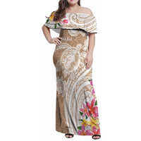 Aloha Niihau Island Personalized Family Matching Off Shoulder Maxi Dress and Hawaiian Shirt Beige Dreamy Turtle LT7 Mom's Dress Beige - Polynesian Pride
