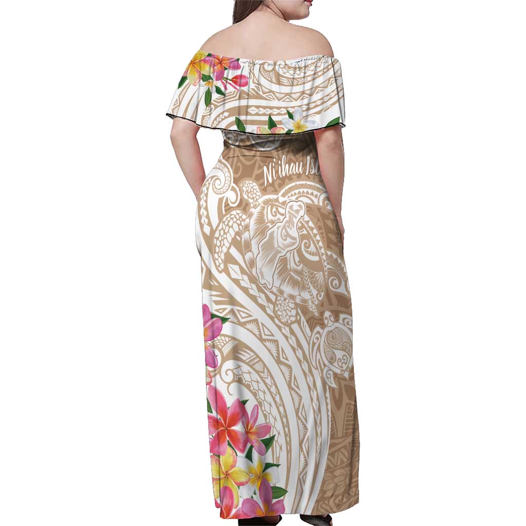 Aloha Niihau Island Personalized Family Matching Off Shoulder Maxi Dress and Hawaiian Shirt Beige Dreamy Turtle LT7 - Polynesian Pride