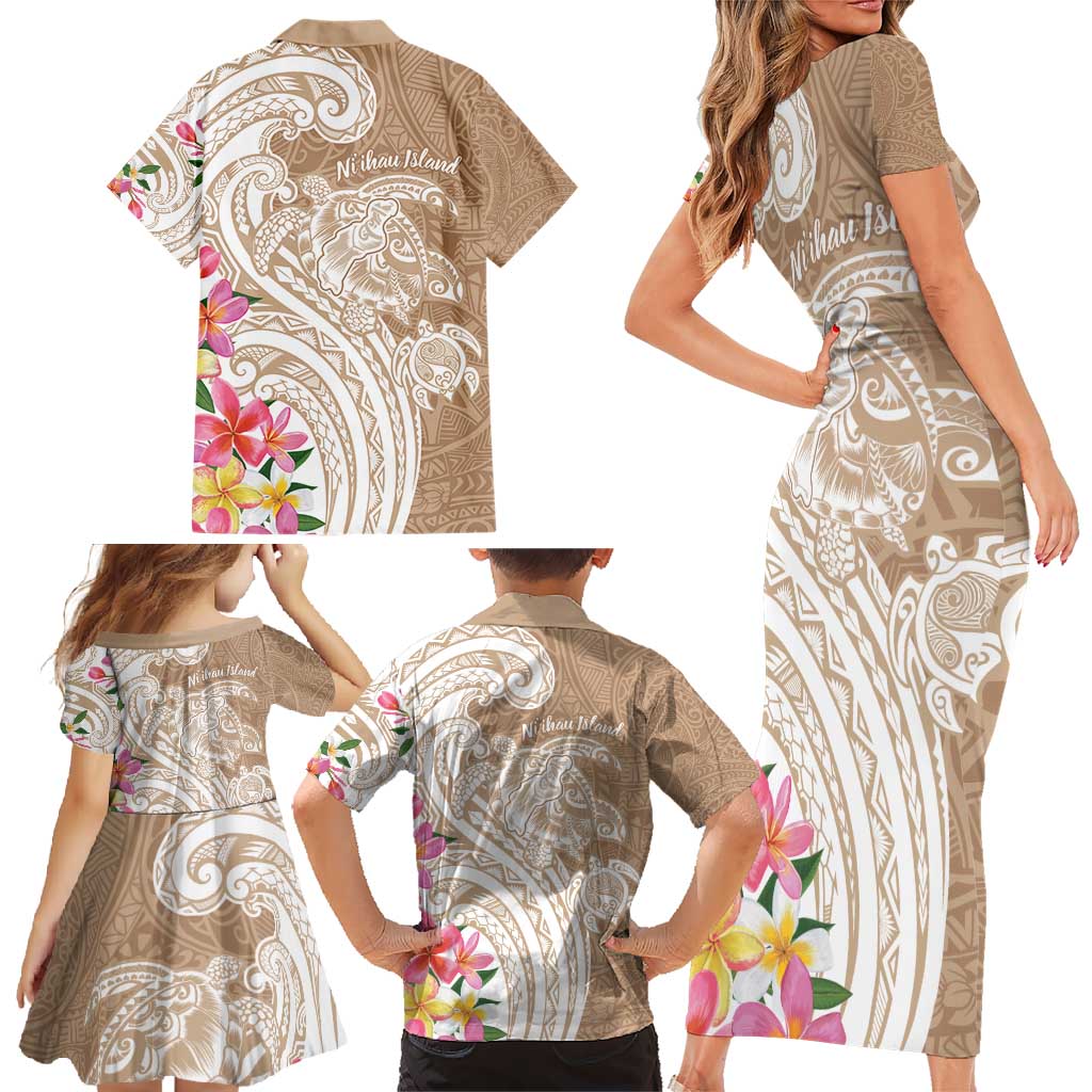 Aloha Niihau Island Personalized Family Matching Short Sleeve Bodycon Dress and Hawaiian Shirt Beige Dreamy Turtle LT7 - Polynesian Pride