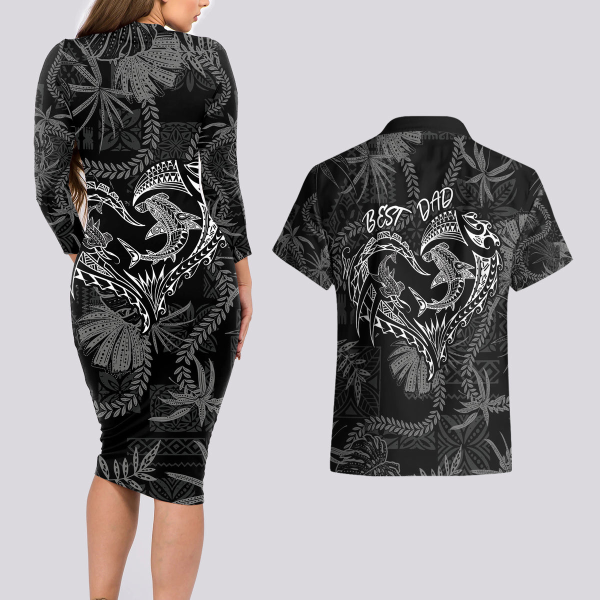 Hawaii Father's Day Vintage Lei Couples Matching Long Sleeve Bodycon Dress and Hawaiian Shirt Hauoli la Makuakane - Black LT7 - Polynesian Pride