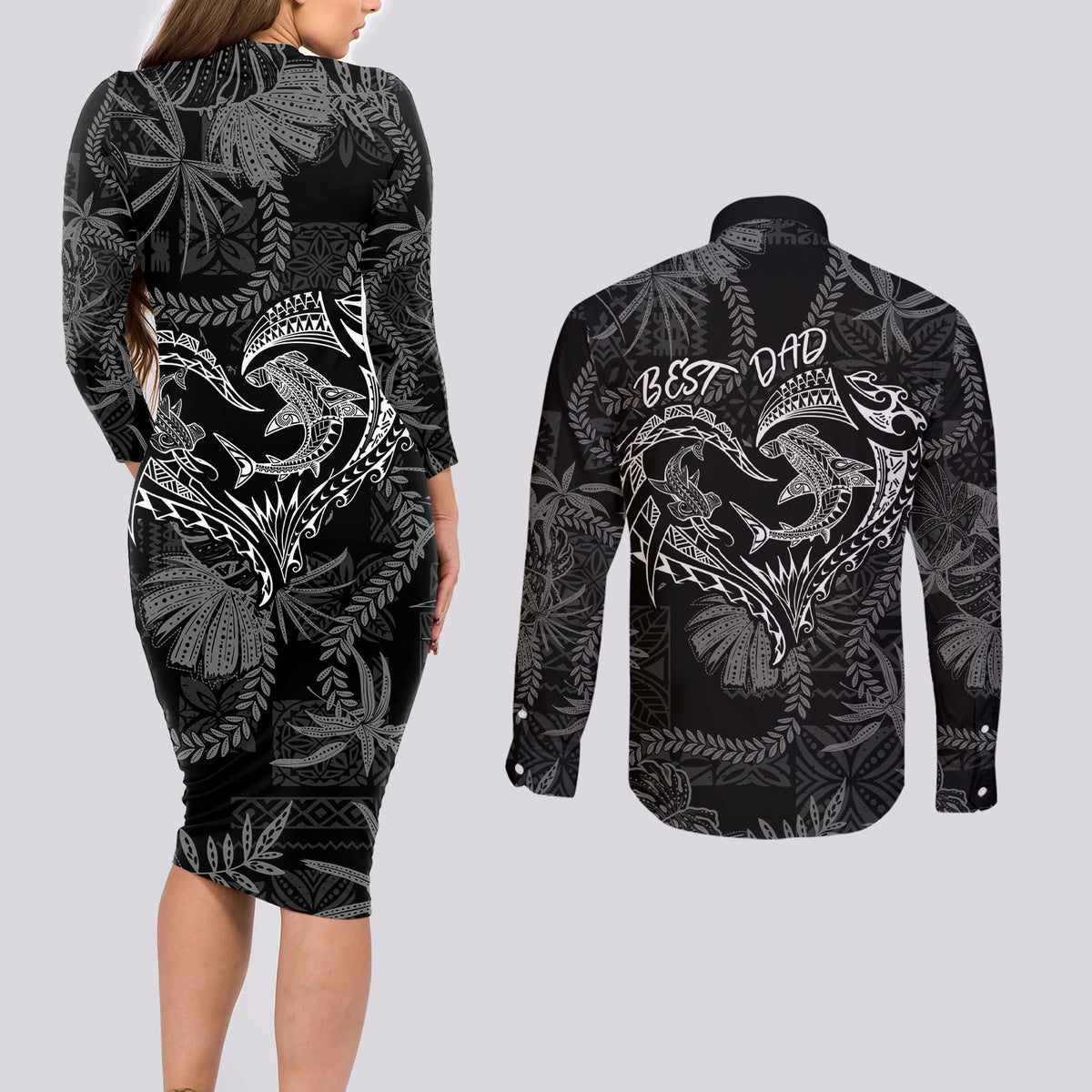 Hawaii Father's Day Vintage Lei Couples Matching Long Sleeve Bodycon Dress and Long Sleeve Button Shirt Hauoli la Makuakane - Black LT7 - Polynesian Pride