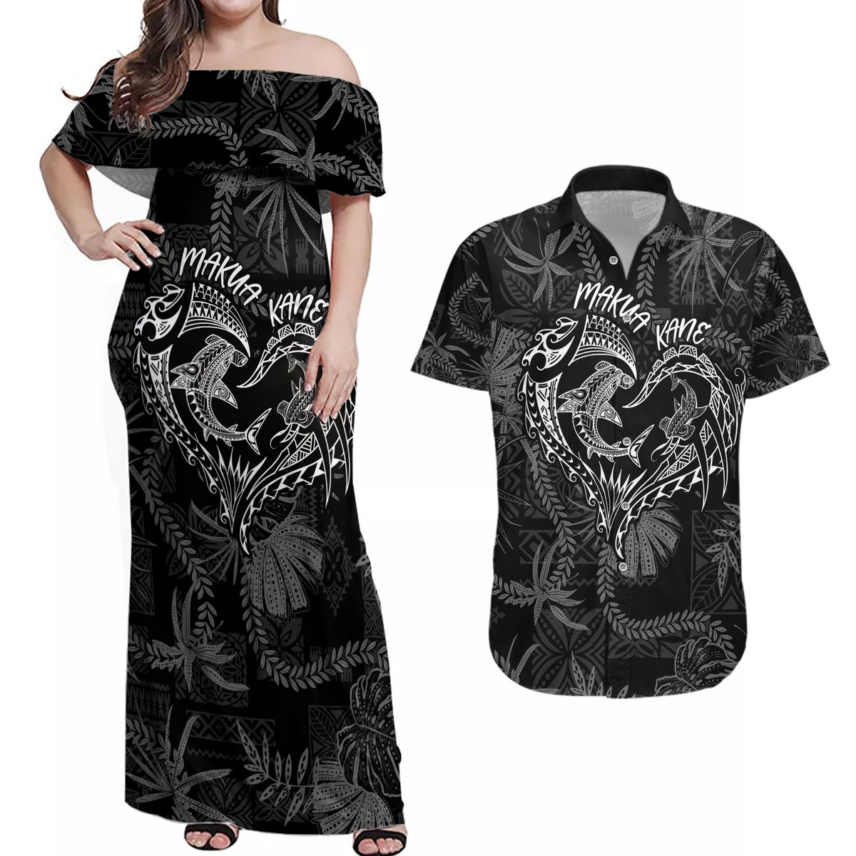 Hawaii Father's Day Vintage Lei Couples Matching Off Shoulder Maxi Dress and Hawaiian Shirt Hauoli la Makuakane - Black LT7 Black - Polynesian Pride