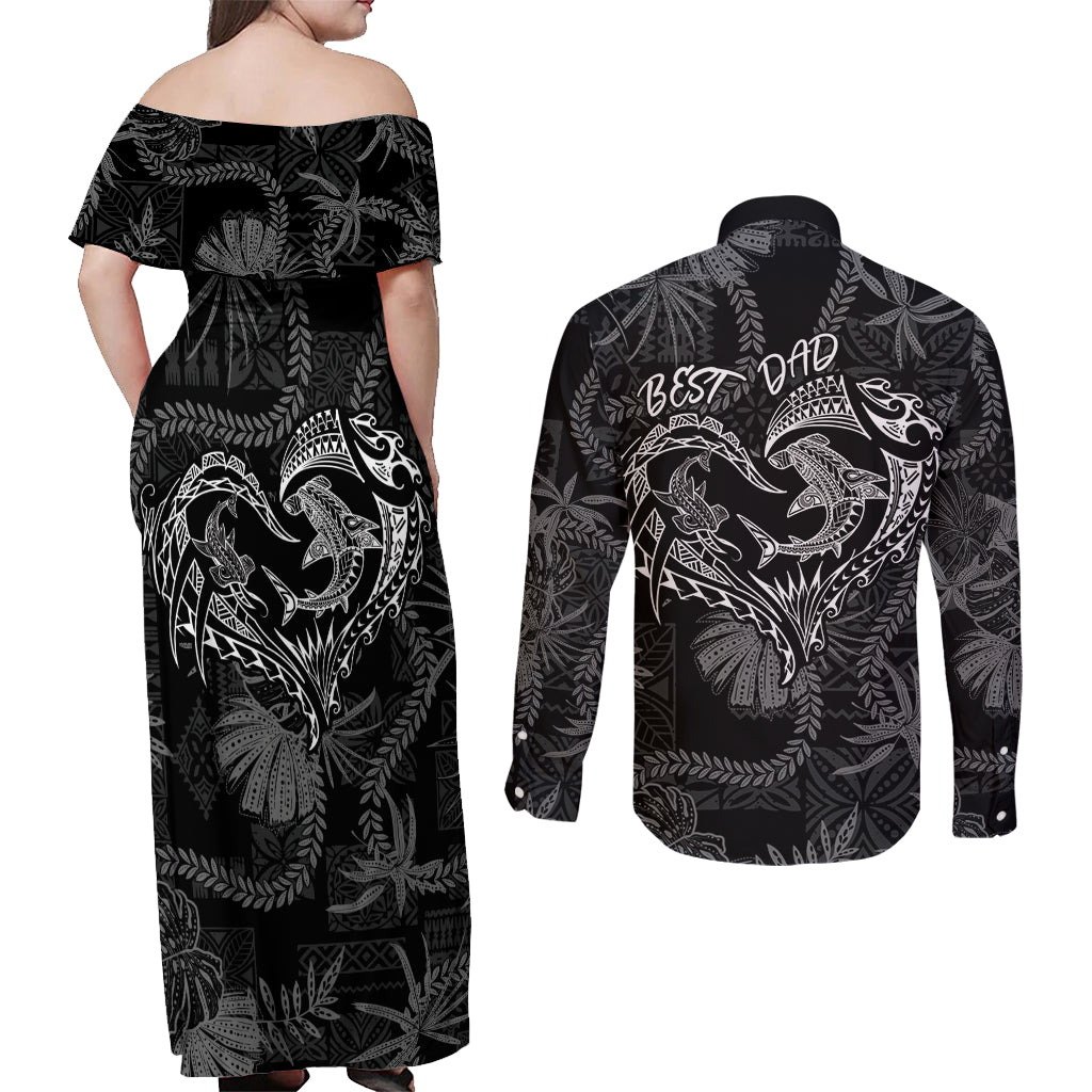 Hawaii Father's Day Vintage Lei Couples Matching Off Shoulder Maxi Dress and Long Sleeve Button Shirt Hauoli la Makuakane - Black LT7 - Polynesian Pride