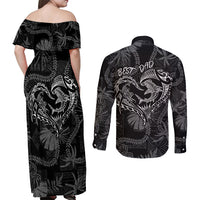Hawaii Father's Day Vintage Lei Couples Matching Off Shoulder Maxi Dress and Long Sleeve Button Shirt Hauoli la Makuakane - Black LT7 - Polynesian Pride