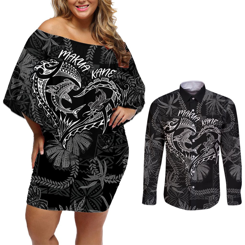 Hawaii Father's Day Vintage Lei Couples Matching Off Shoulder Short Dress and Long Sleeve Button Shirt Hauoli la Makuakane - Black LT7 Black - Polynesian Pride