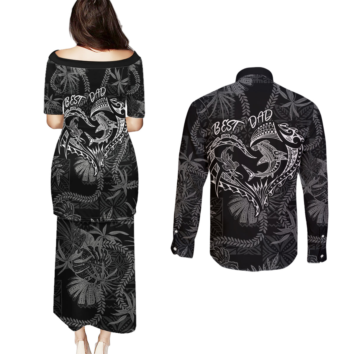 Hawaii Father's Day Vintage Lei Couples Matching Puletasi and Long Sleeve Button Shirt Hauoli la Makuakane - Black LT7 - Polynesian Pride