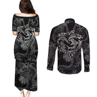 Hawaii Father's Day Vintage Lei Couples Matching Puletasi and Long Sleeve Button Shirt Hauoli la Makuakane - Black LT7 - Polynesian Pride