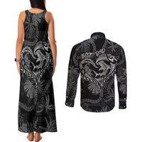 Hawaii Father's Day Vintage Lei Couples Matching Tank Maxi Dress and Long Sleeve Button Shirt Hauoli la Makuakane - Black LT7 - Polynesian Pride
