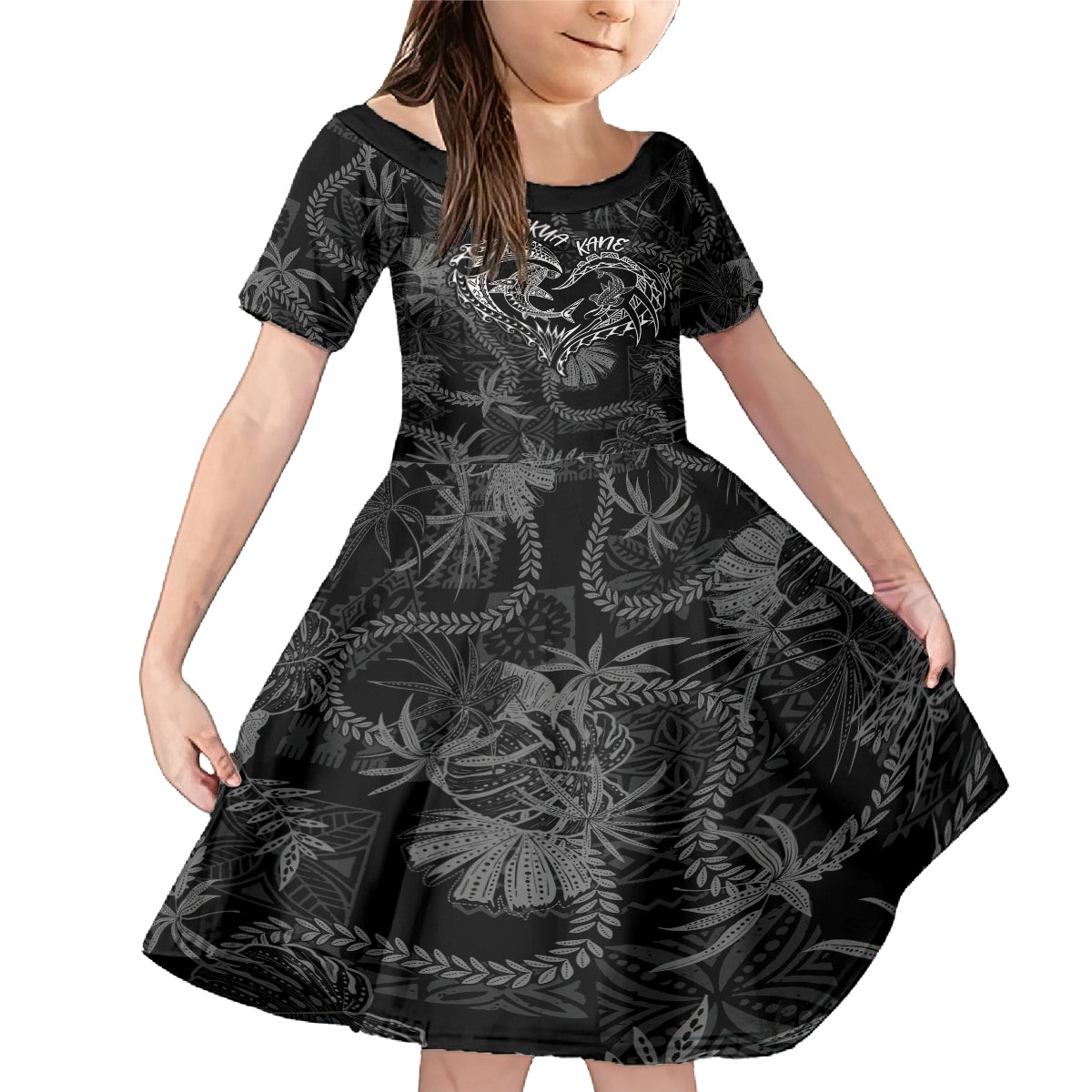 Hawaii Father's Day Vintage Lei Family Matching Mermaid Dress and Hawaiian Shirt Hauoli la Makuakane - Black LT7 Daughter's Dress Black - Polynesian Pride