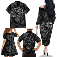 Hawaii Father's Day Vintage Lei Family Matching Off The Shoulder Long Sleeve Dress and Hawaiian Shirt Hauoli la Makuakane - Black LT7 - Polynesian Pride