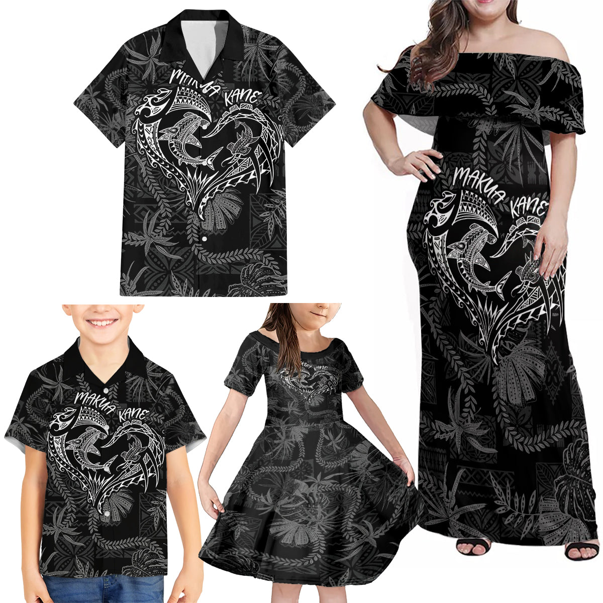 Hawaii Father's Day Vintage Lei Family Matching Off Shoulder Maxi Dress and Hawaiian Shirt Hauoli la Makuakane - Black LT7 - Polynesian Pride