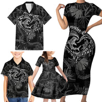Hawaii Father's Day Vintage Lei Family Matching Short Sleeve Bodycon Dress and Hawaiian Shirt Hauoli la Makuakane - Black LT7 - Polynesian Pride
