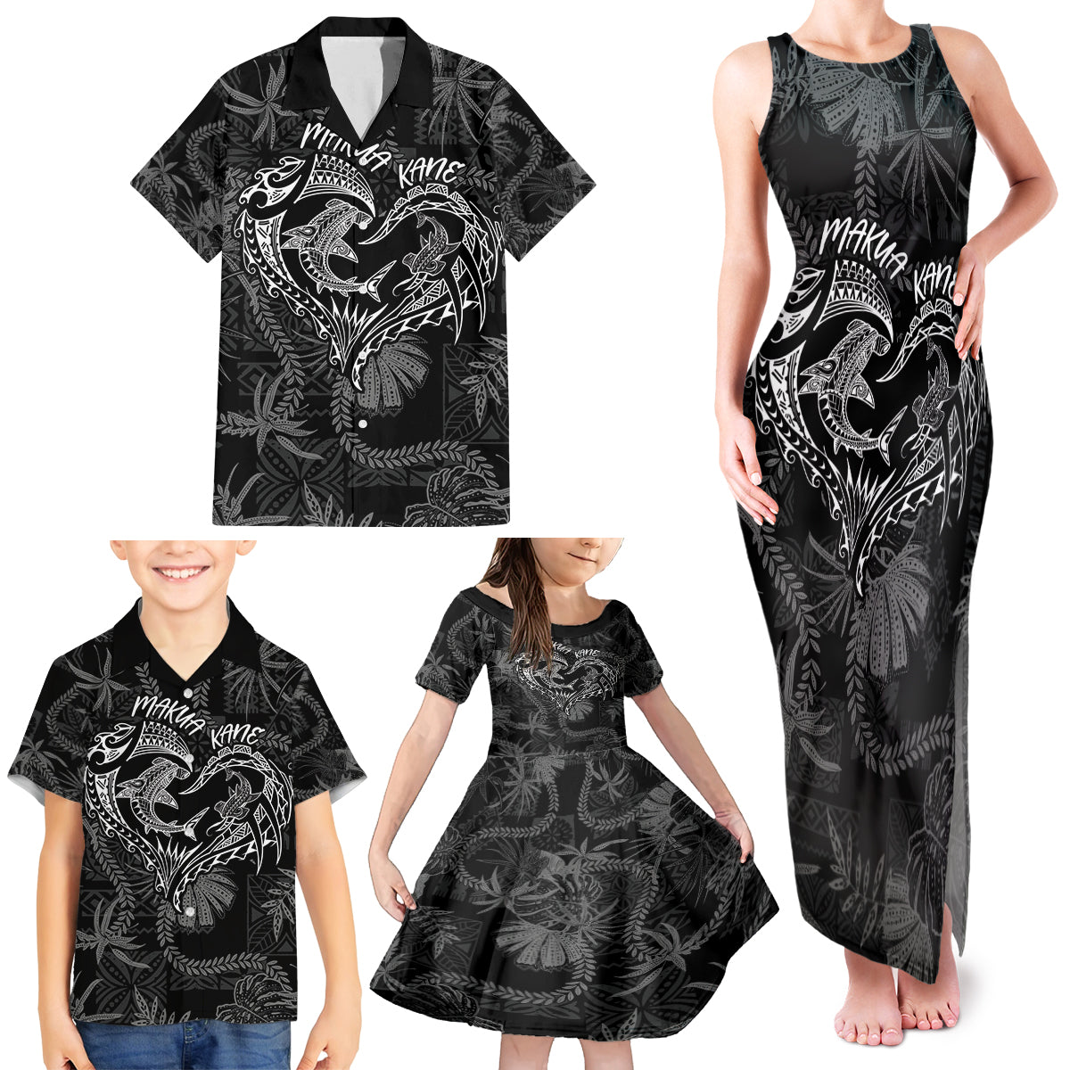 Hawaii Father's Day Vintage Lei Family Matching Tank Maxi Dress and Hawaiian Shirt Hauoli la Makuakane - Black