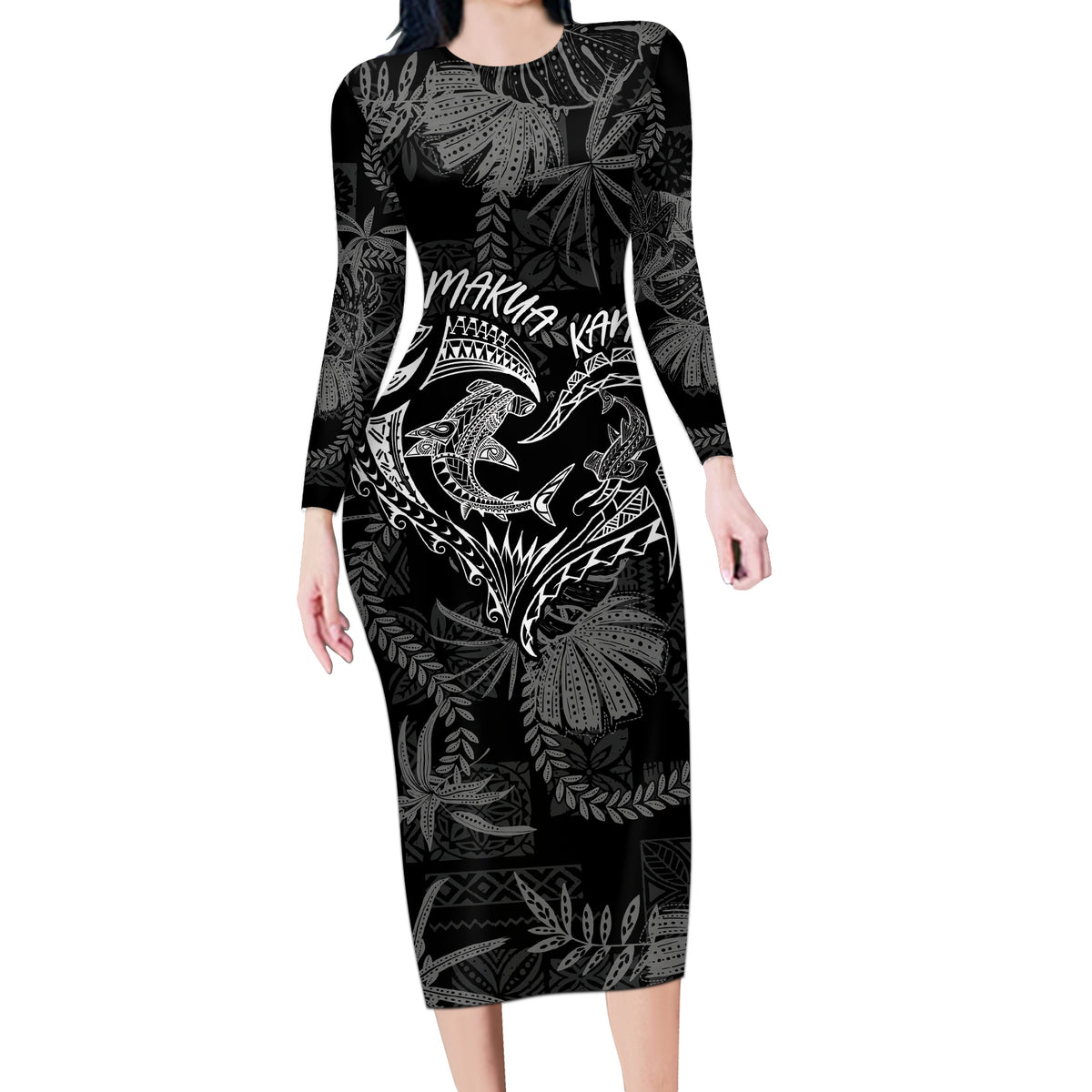 Hawaii Father's Day Vintage Lei Long Sleeve Bodycon Dress Hauoli la Makuakane - Black LT7 Long Dress Black - Polynesian Pride
