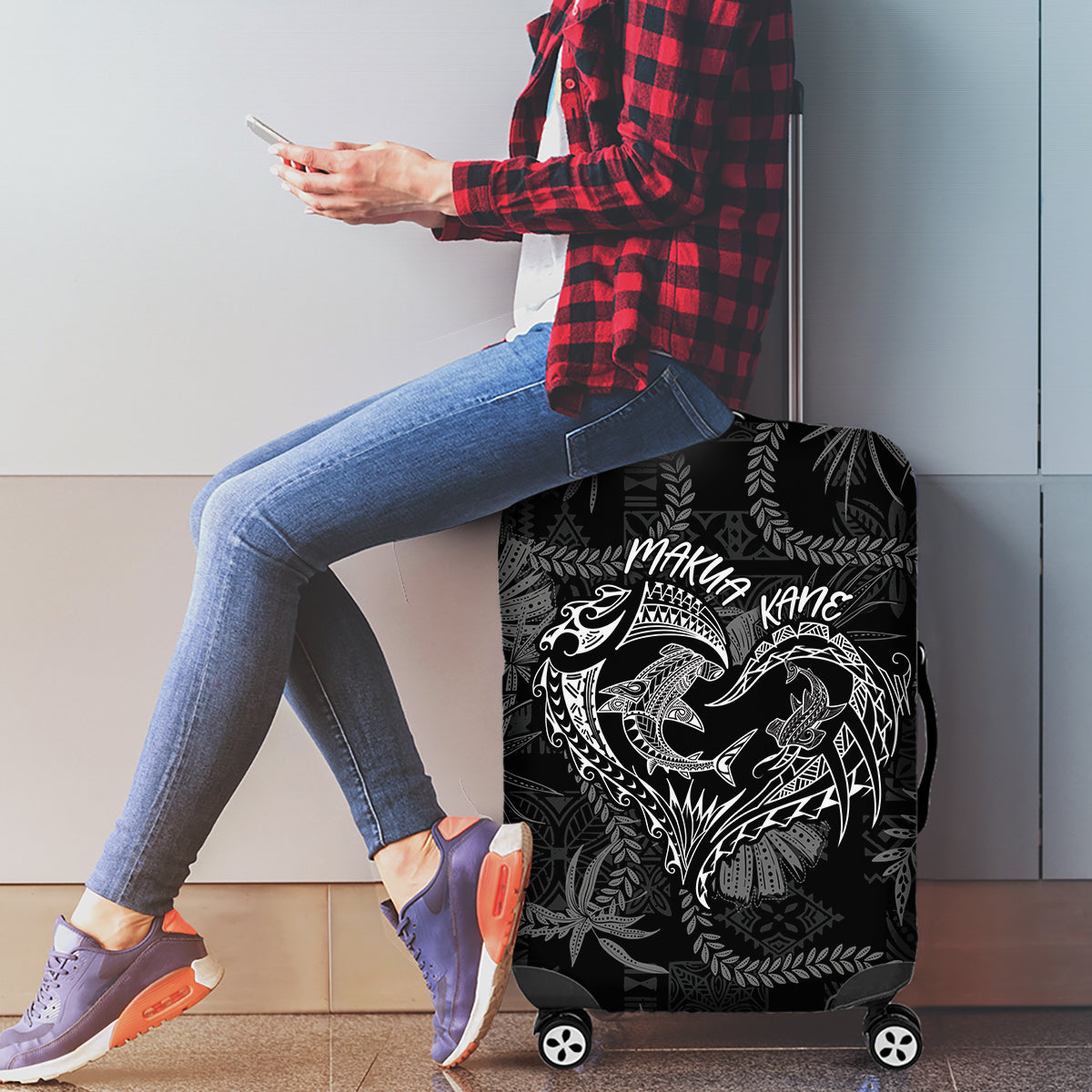Hawaii Father's Day Vintage Lei Luggage Cover Hauoli la Makuakane - Black LT7 - Polynesian Pride