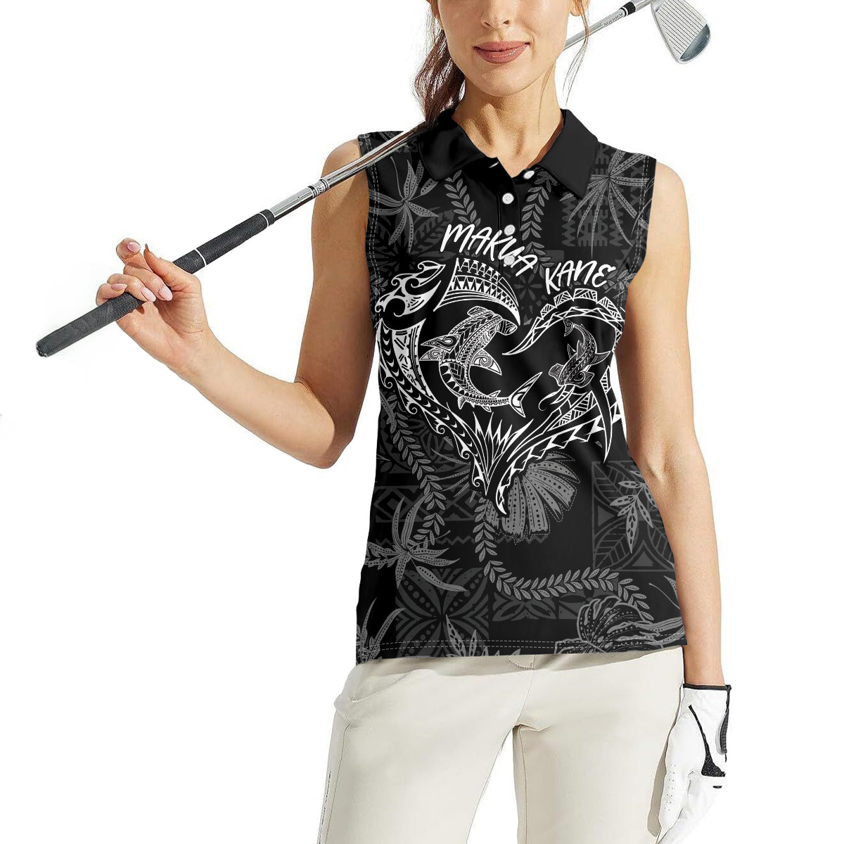 Hawaii Father's Day Vintage Lei Women Sleeveless Polo Shirt Hauoli la Makuakane - Black LT7 - Polynesian Pride