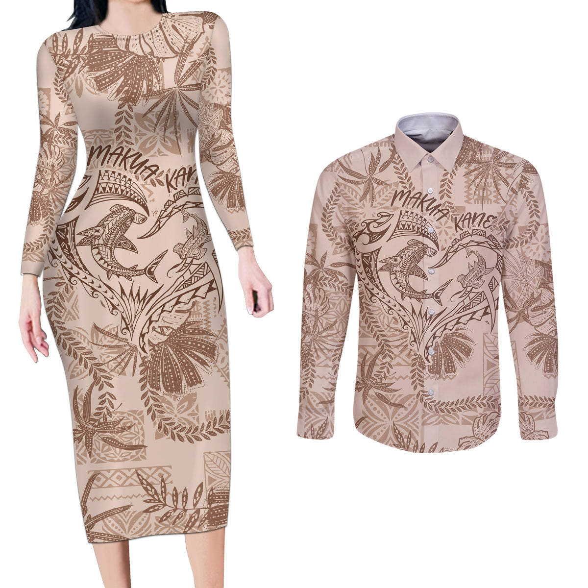 Hawaii Father's Day Vintage Lei Couples Matching Long Sleeve Bodycon Dress and Long Sleeve Button Shirt Hauoli la Makuakane - Beige LT7 Beige - Polynesian Pride