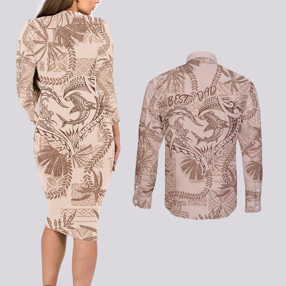 Hawaii Father's Day Vintage Lei Couples Matching Long Sleeve Bodycon Dress and Long Sleeve Button Shirt Hauoli la Makuakane - Beige LT7 - Polynesian Pride