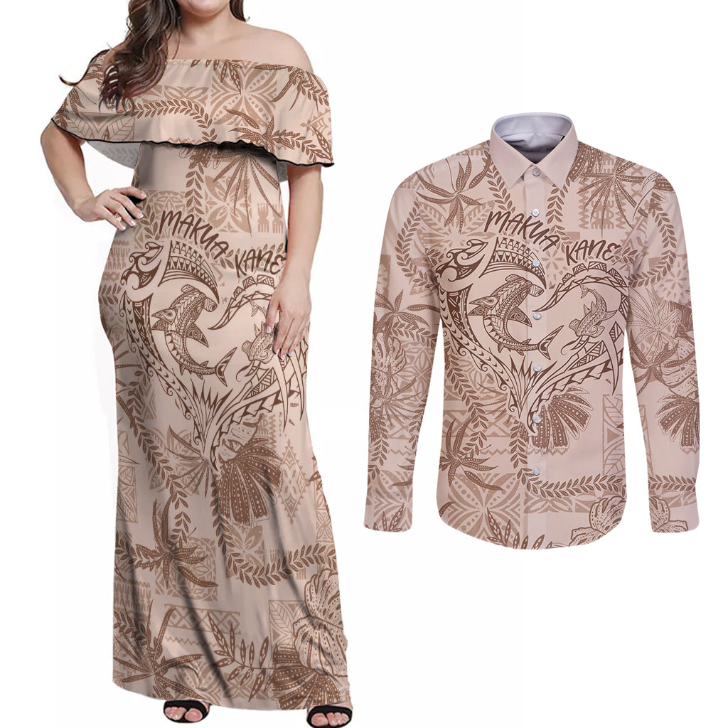 Hawaii Father's Day Vintage Lei Couples Matching Off Shoulder Maxi Dress and Long Sleeve Button Shirt Hauoli la Makuakane - Beige LT7 Beige - Polynesian Pride