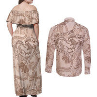 Hawaii Father's Day Vintage Lei Couples Matching Off Shoulder Maxi Dress and Long Sleeve Button Shirt Hauoli la Makuakane - Beige LT7 - Polynesian Pride