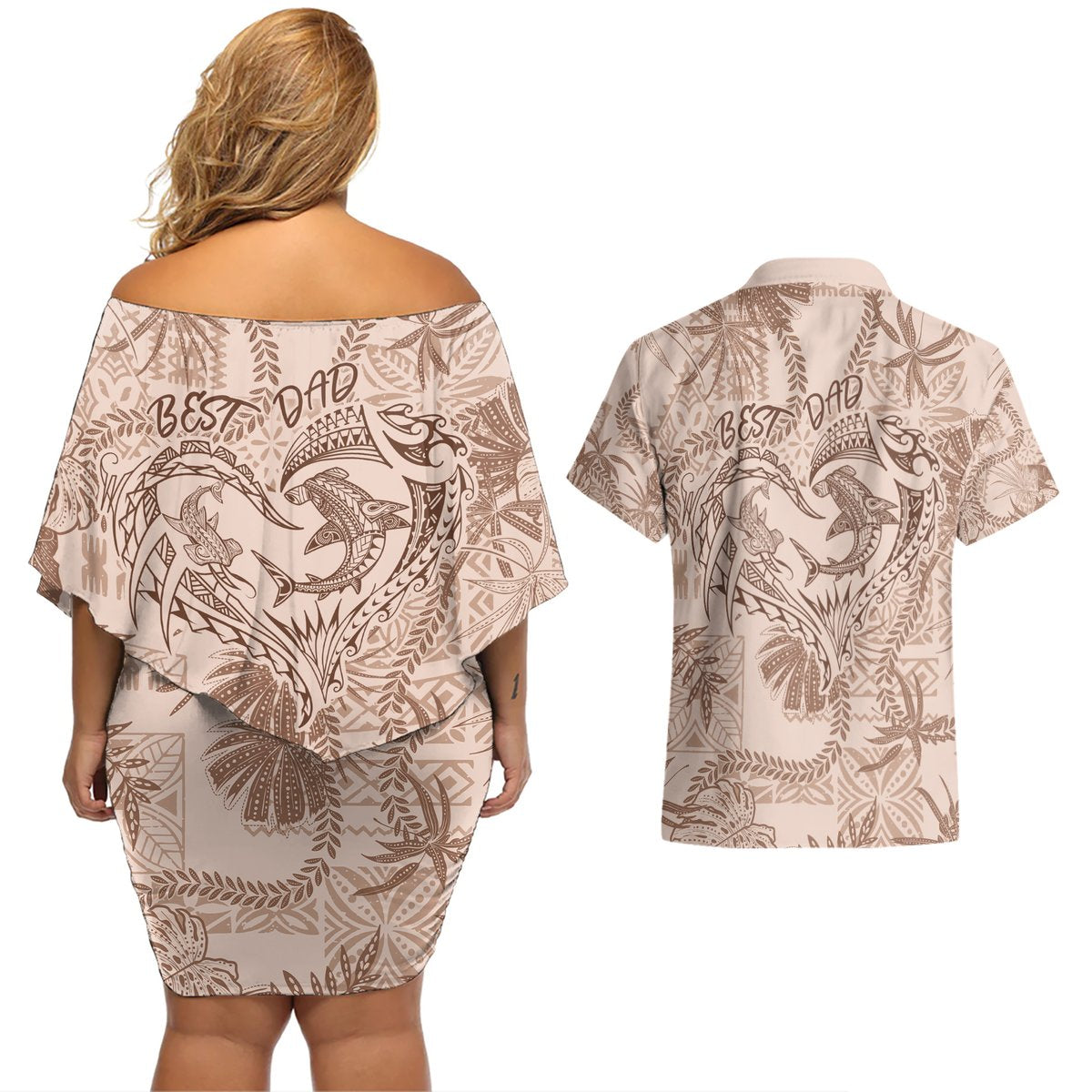 Hawaii Father's Day Vintage Lei Couples Matching Off Shoulder Short Dress and Hawaiian Shirt Hauoli la Makuakane - Beige LT7 - Polynesian Pride