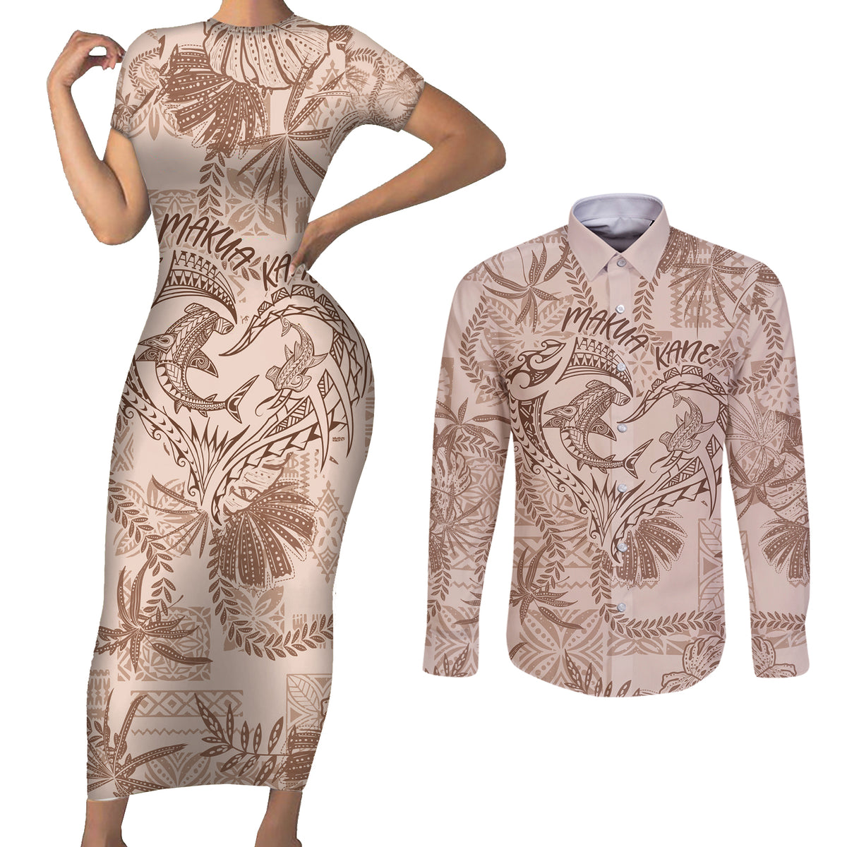 Hawaii Father's Day Vintage Lei Couples Matching Short Sleeve Bodycon Dress and Long Sleeve Button Shirt Hauoli la Makuakane - Beige LT7 Beige - Polynesian Pride