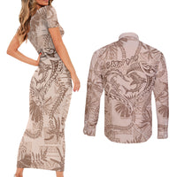 Hawaii Father's Day Vintage Lei Couples Matching Short Sleeve Bodycon Dress and Long Sleeve Button Shirt Hauoli la Makuakane - Beige LT7 - Polynesian Pride