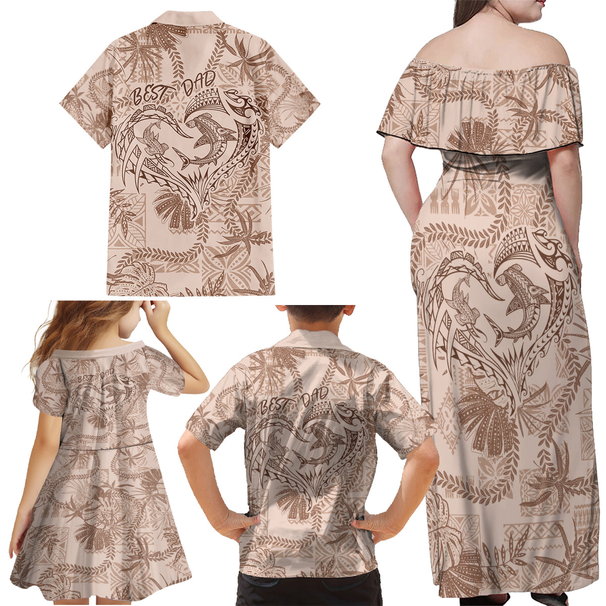 Hawaii Father's Day Vintage Lei Family Matching Off Shoulder Maxi Dress and Hawaiian Shirt Hauoli la Makuakane - Beige LT7 - Polynesian Pride