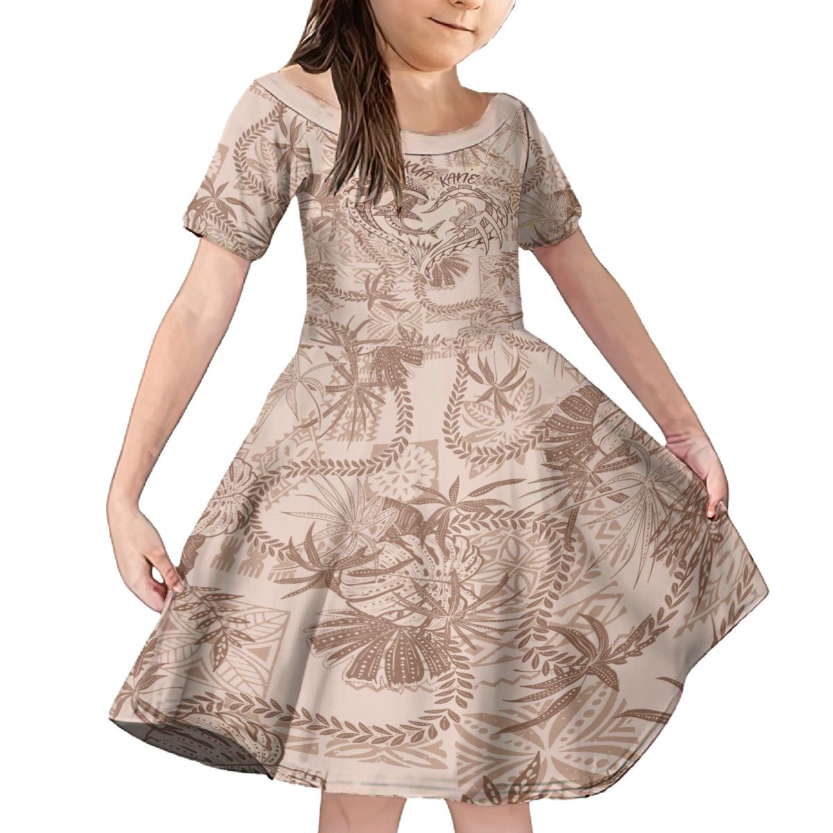Hawaii Father's Day Vintage Lei Family Matching Puletasi and Hawaiian Shirt Hauoli la Makuakane - Beige LT7 Daughter's Dress Beige - Polynesian Pride
