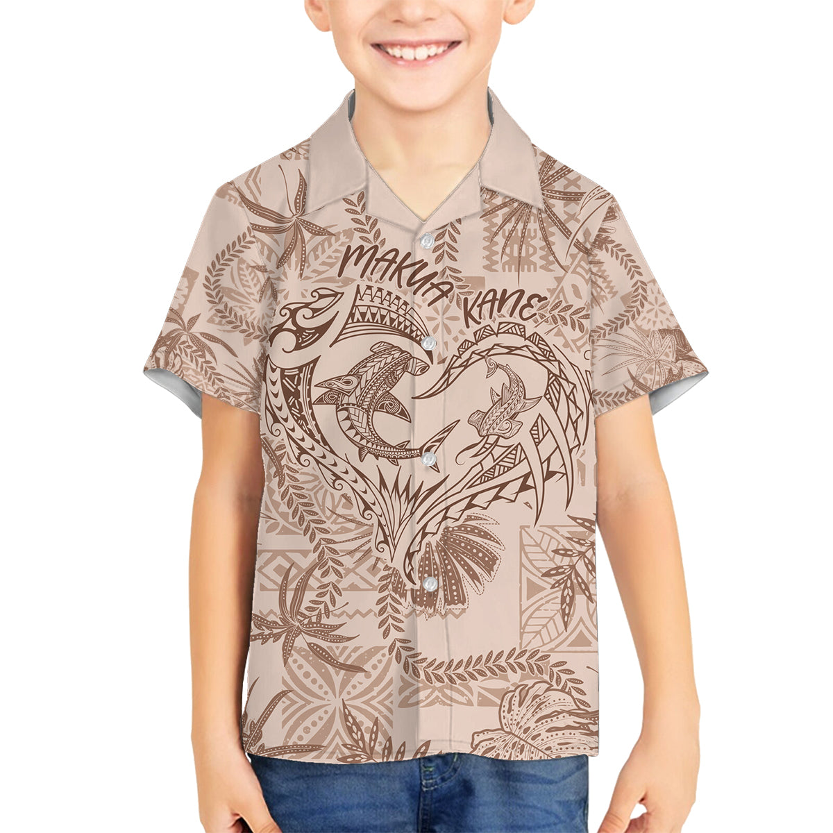Hawaii Father's Day Vintage Lei Family Matching Summer Maxi Dress and Hawaiian Shirt Hauoli la Makuakane - Beige LT7 Son's Shirt Beige - Polynesian Pride