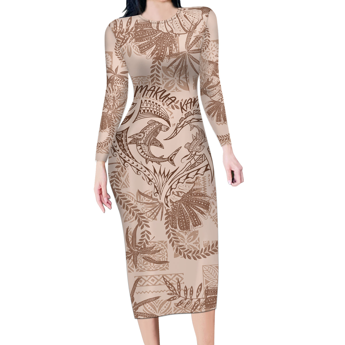Hawaii Father's Day Vintage Lei Long Sleeve Bodycon Dress Hauoli la Makuakane - Beige LT7 Long Dress Beige - Polynesian Pride