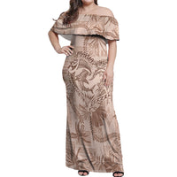 Hawaii Father's Day Vintage Lei Off Shoulder Maxi Dress Hauoli la Makuakane - Beige LT7 Women Beige - Polynesian Pride