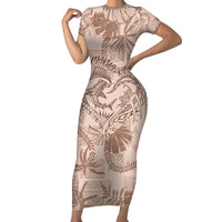 Hawaii Father's Day Vintage Lei Short Sleeve Bodycon Dress Hauoli la Makuakane - Beige LT7 Long Dress Beige - Polynesian Pride