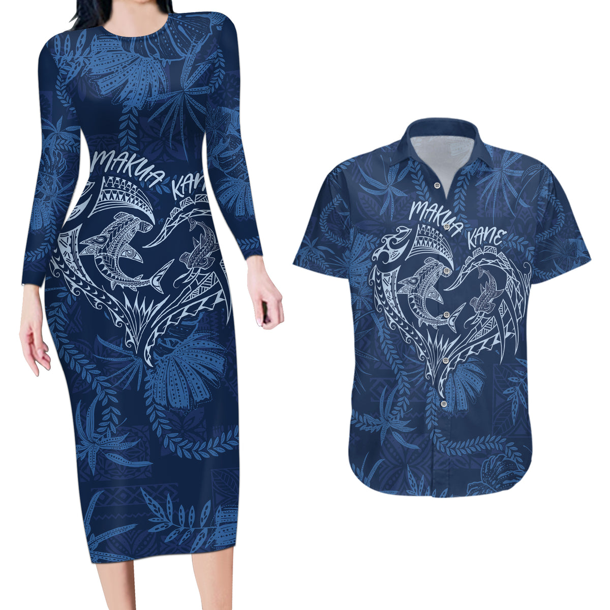 Hawaii Father's Day Vintage Lei Couples Matching Long Sleeve Bodycon Dress and Hawaiian Shirt Hauoli la Makuakane - Blue LT7 Blue - Polynesian Pride