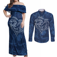 Hawaii Father's Day Vintage Lei Couples Matching Off Shoulder Maxi Dress and Long Sleeve Button Shirt Hauoli la Makuakane - Blue LT7 Blue - Polynesian Pride