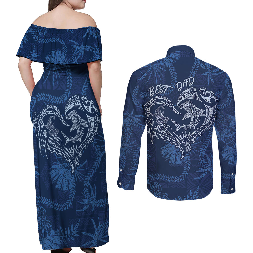 Hawaii Father's Day Vintage Lei Couples Matching Off Shoulder Maxi Dress and Long Sleeve Button Shirt Hauoli la Makuakane - Blue LT7 - Polynesian Pride