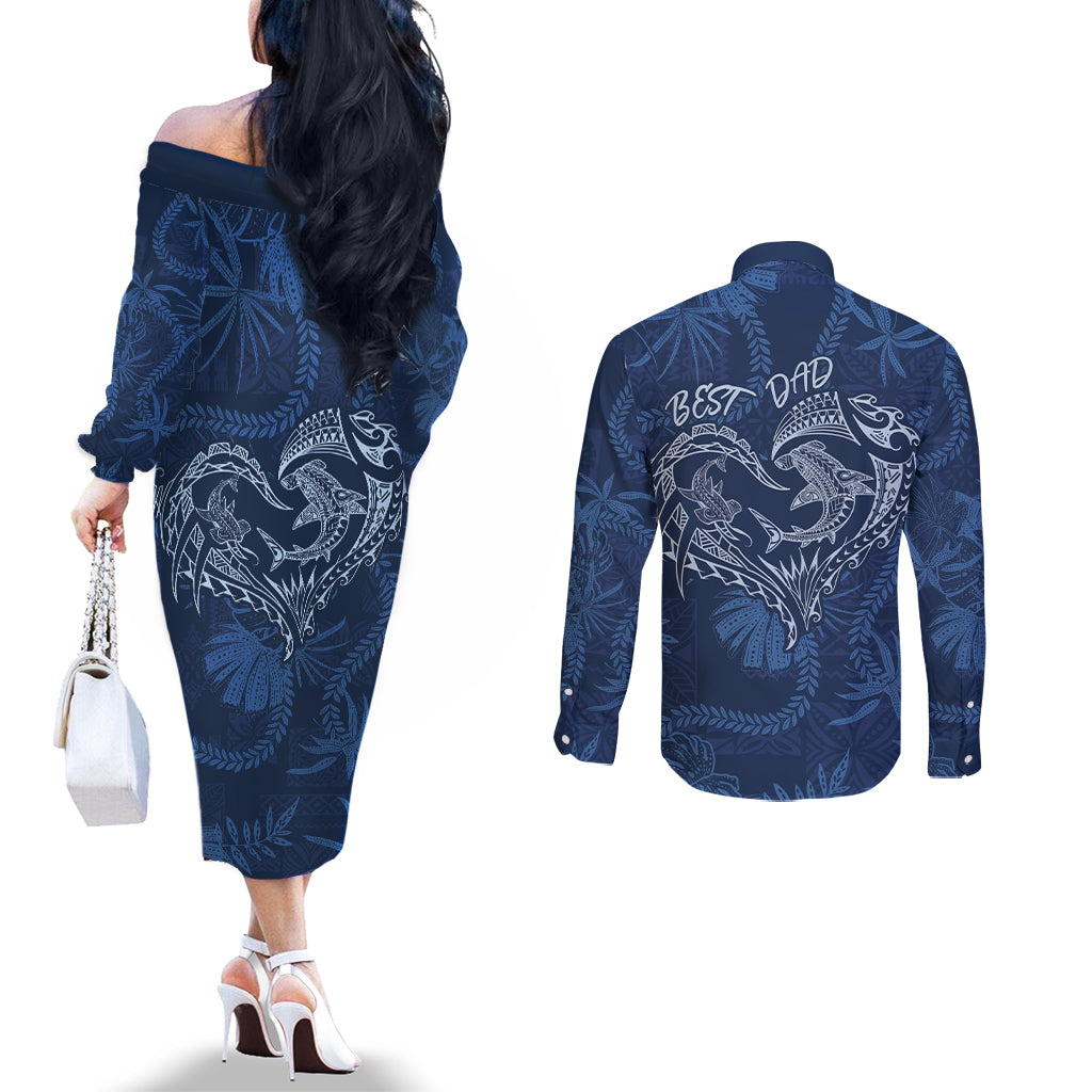 Hawaii Father's Day Vintage Lei Couples Matching Off The Shoulder Long Sleeve Dress and Long Sleeve Button Shirt Hauoli la Makuakane - Blue LT7 - Polynesian Pride