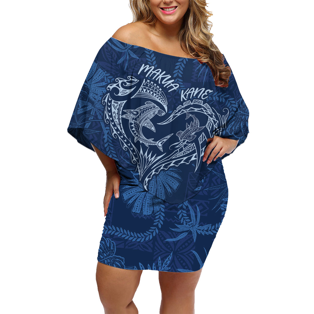 Hawaii Father's Day Vintage Lei Family Matching Off Shoulder Short Dress and Hawaiian Shirt Hauoli la Makuakane - Blue LT7 Mom's Dress Blue - Polynesian Pride