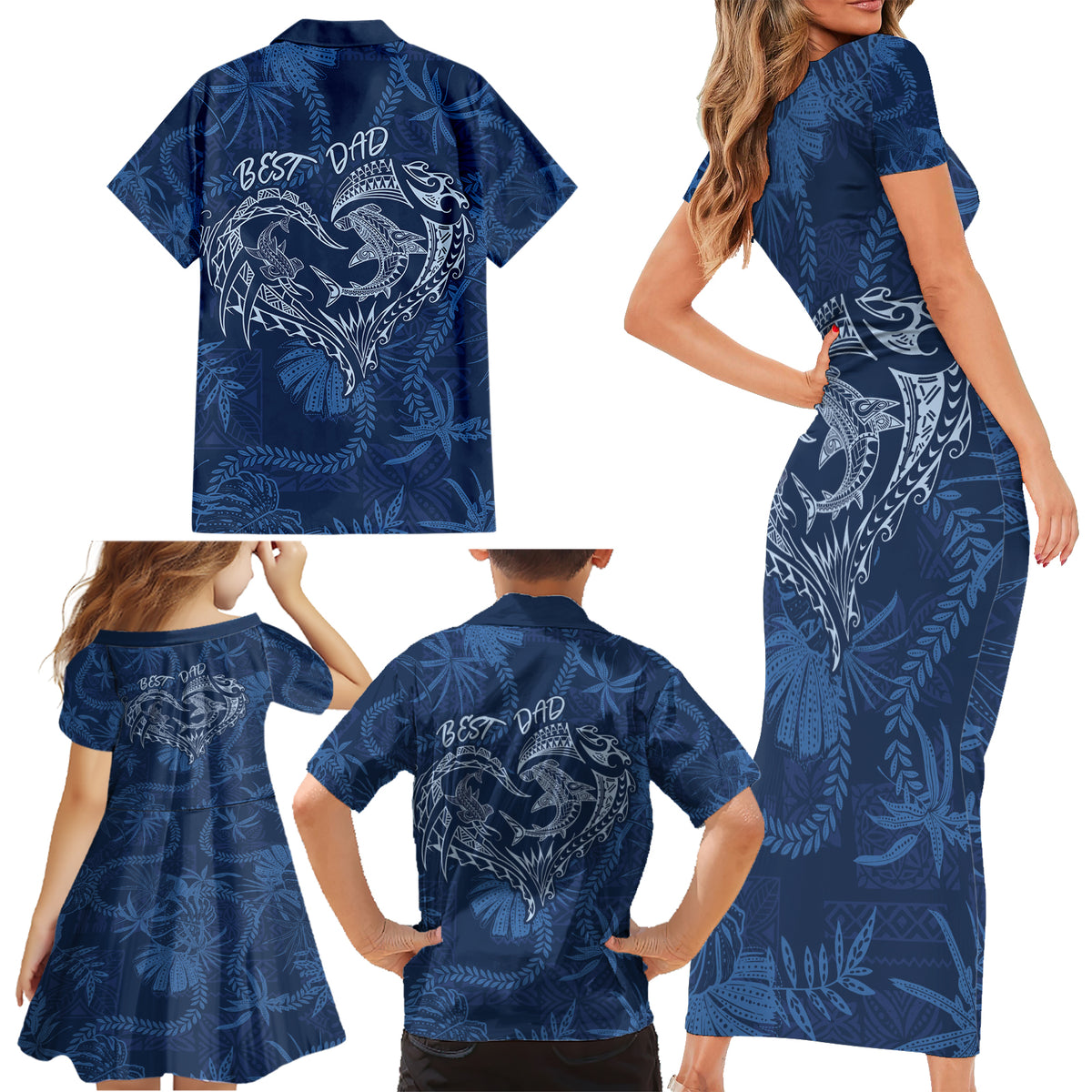 Hawaii Father's Day Vintage Lei Family Matching Short Sleeve Bodycon Dress and Hawaiian Shirt Hauoli la Makuakane - Blue LT7 - Polynesian Pride