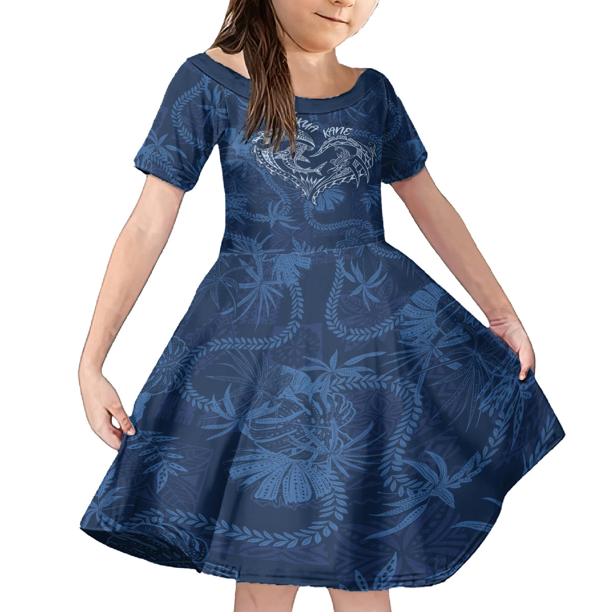 Hawaii Father's Day Vintage Lei Family Matching Summer Maxi Dress and Hawaiian Shirt Hauoli la Makuakane - Blue LT7 Daughter's Dress Blue - Polynesian Pride