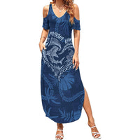 Hawaii Father's Day Vintage Lei Family Matching Summer Maxi Dress and Hawaiian Shirt Hauoli la Makuakane - Blue LT7 Mom's Dress Blue - Polynesian Pride