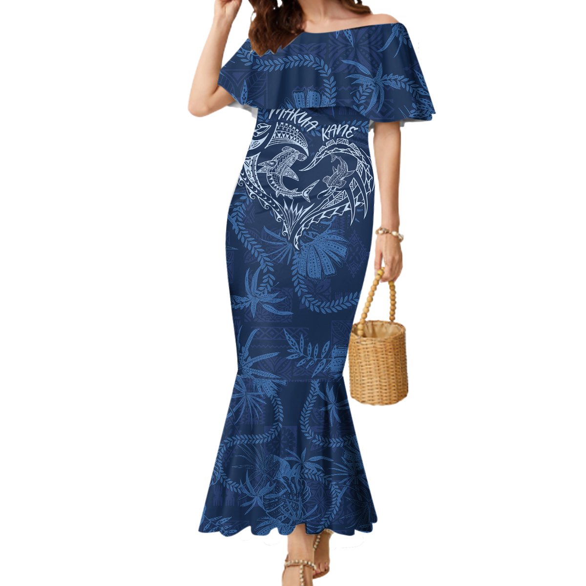 Hawaii Father's Day Vintage Lei Mermaid Dress Hauoli la Makuakane - Blue LT7 Women Blue - Polynesian Pride